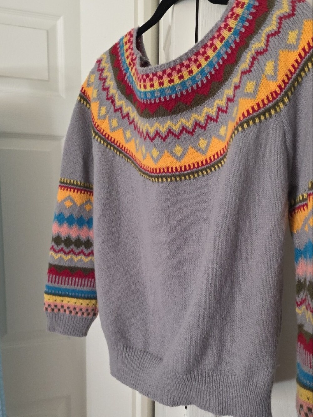 Vintage Light Gray Fair Isle Crewneck Sweater with Multicolor Yoke - Picture 2 of 8